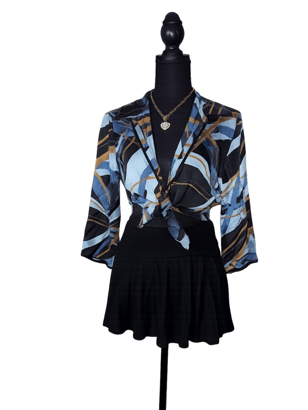 Vintage Silk Petite Abstract Print Blouse Tie Front Y2K Funky Chic Top